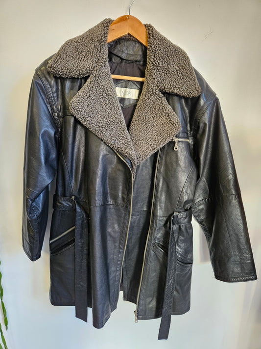 MODE LEATHER SHEARLING JACKET BLACK SIZE 10