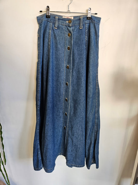 VINTAGE NEW FRONTIER DENIM MAXI SKIRT MID BLUE SIZE 12