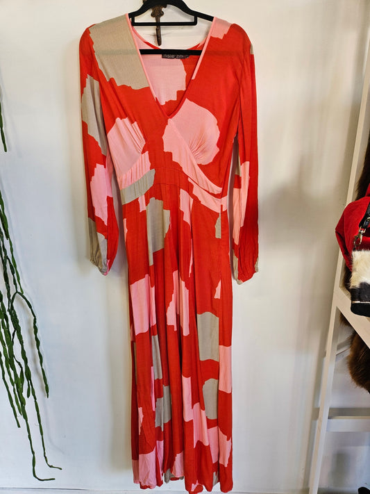 MISTER ZIMI VISCOSE LONG SLEEVE MAXI DRESS RED PINK BEIGE SIZE 8
