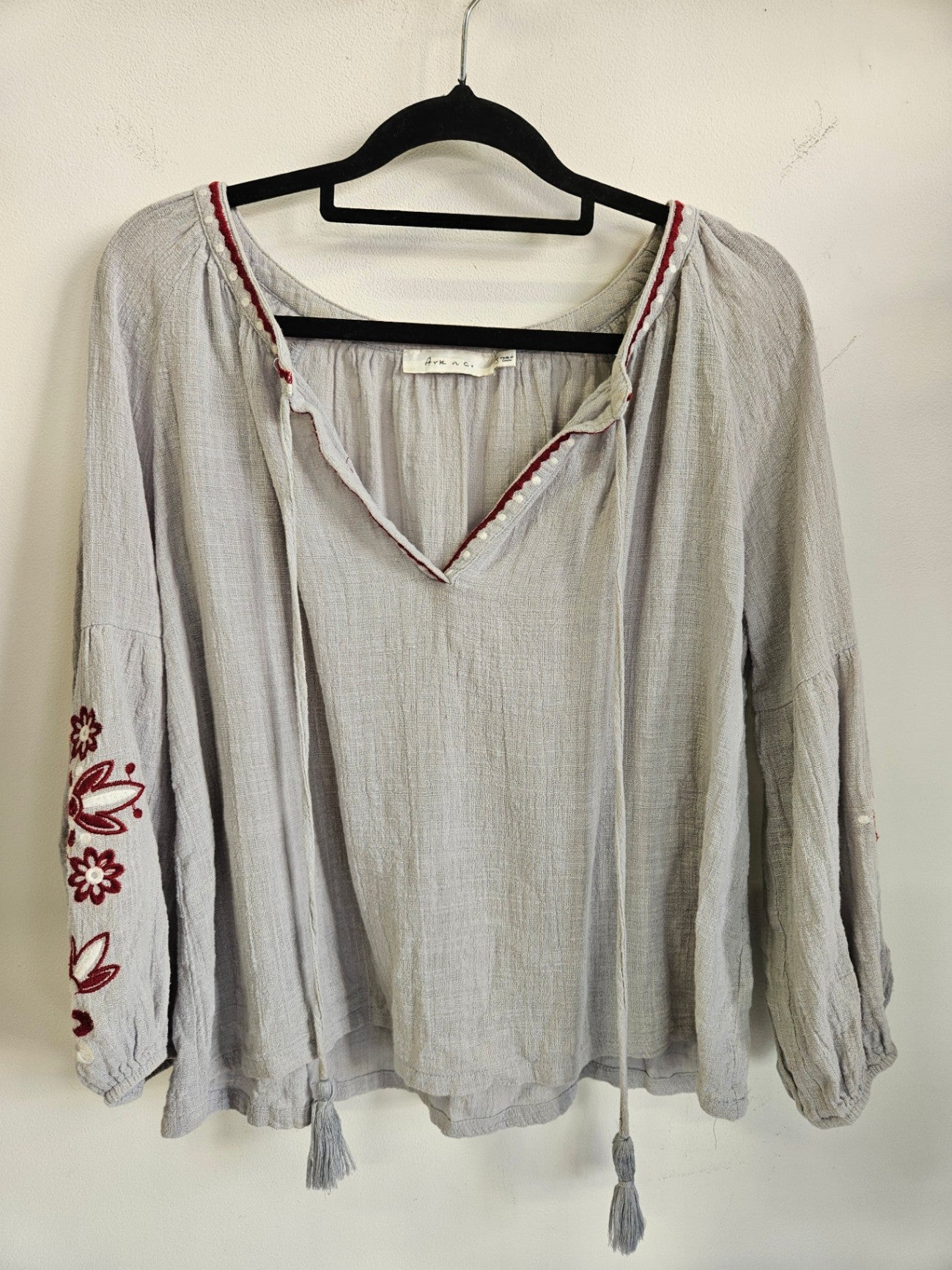 ARK N CO COTTON LONG SLEEVE TOP DUCK EGG BLUE RED EMBROIDERED SIZE S