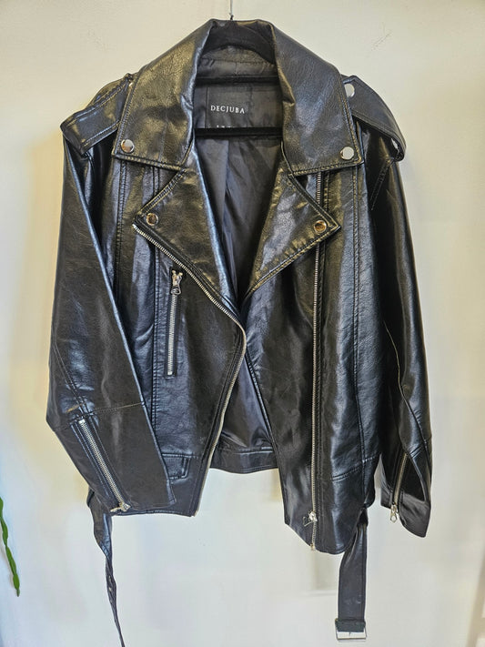 DECJUBA FAUX LEATHER BIKER JACKET BLACK SIZE 12