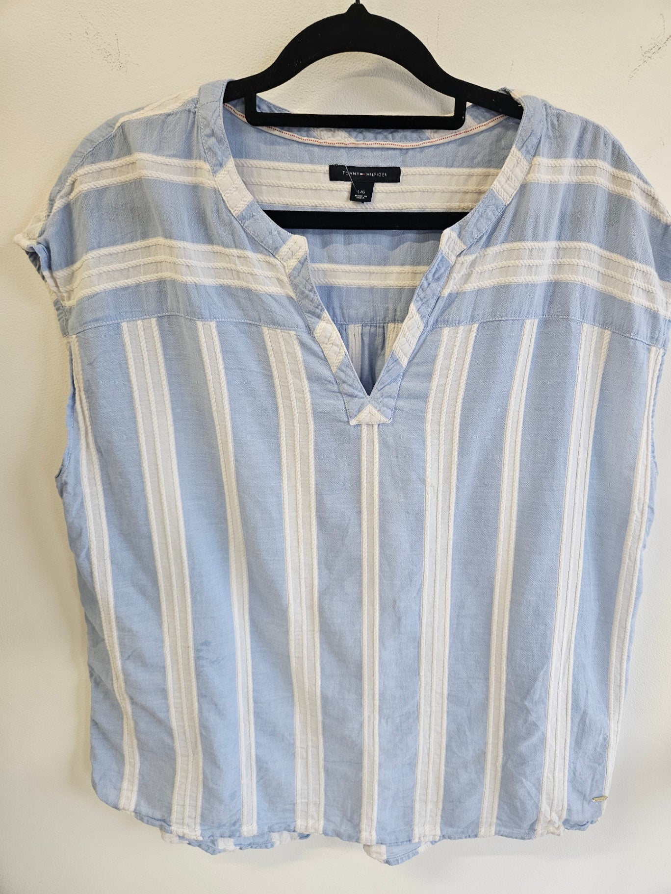 TOMMY HILFIGER COTTON SHORT SLEEVE TOP BLUE WHITE STRIPE SIZE L