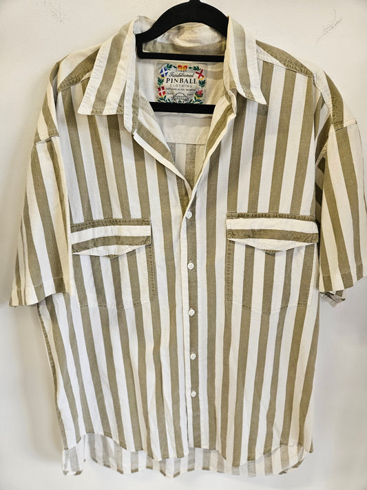 PINBALL COTTON LINEN SHORT SLEEVE SHIRT BEIGE WHITE STRIPE SIZE L