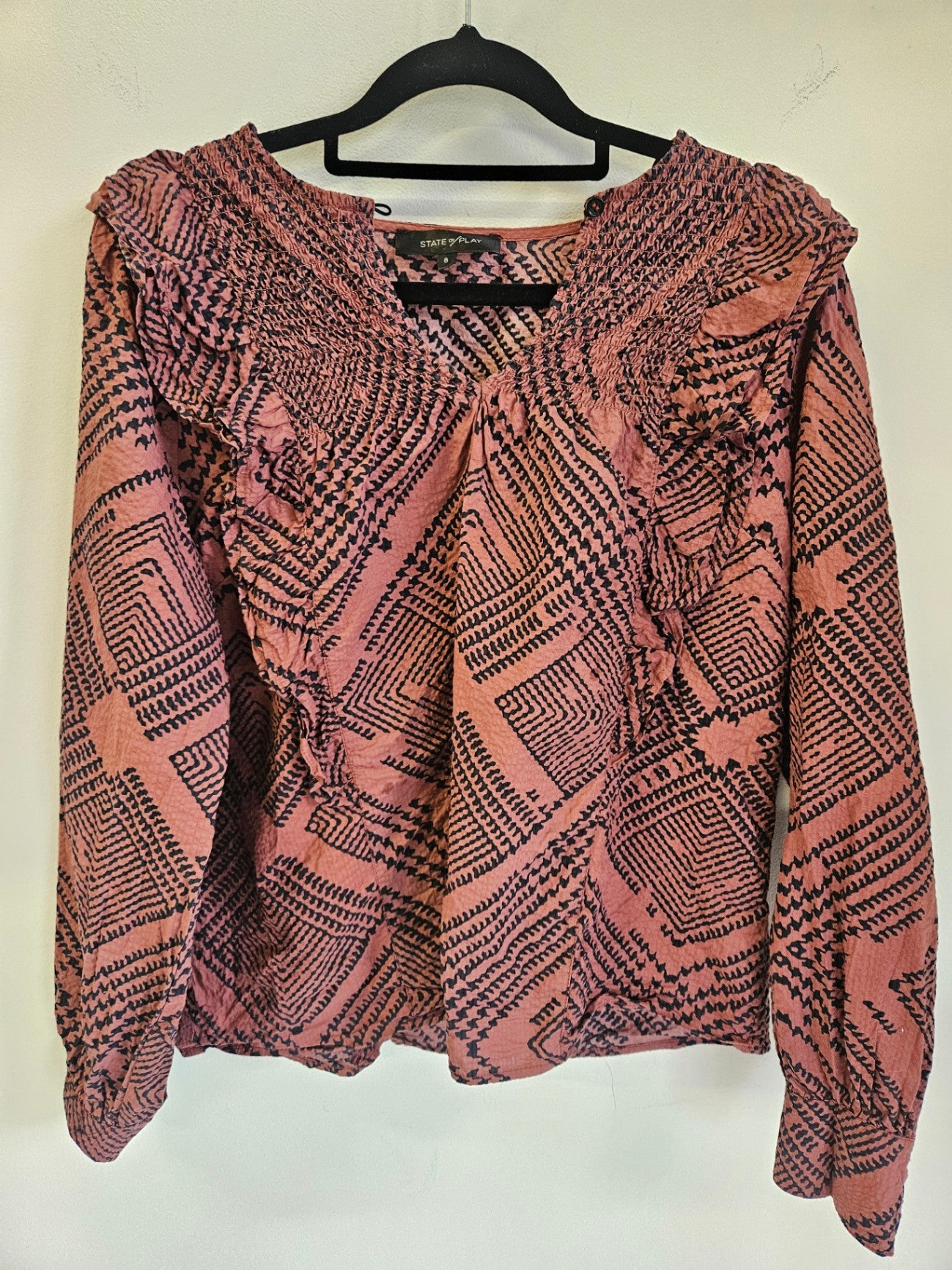STATE OF PLAY COTTON LONG SLEEVE TOP DARK DUSKY PINK SIZE 8