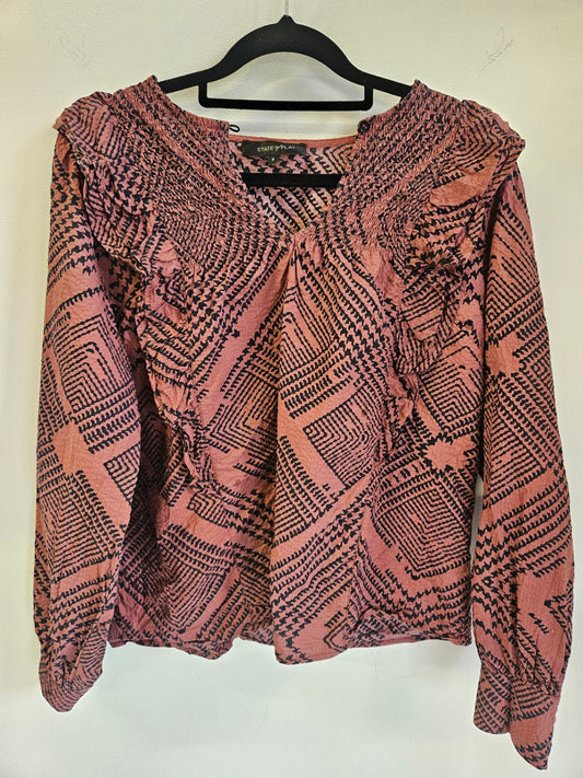 STATE OF PLAY COTTON LONG SLEEVE TOP DARK DUSKY PINK SIZE 8