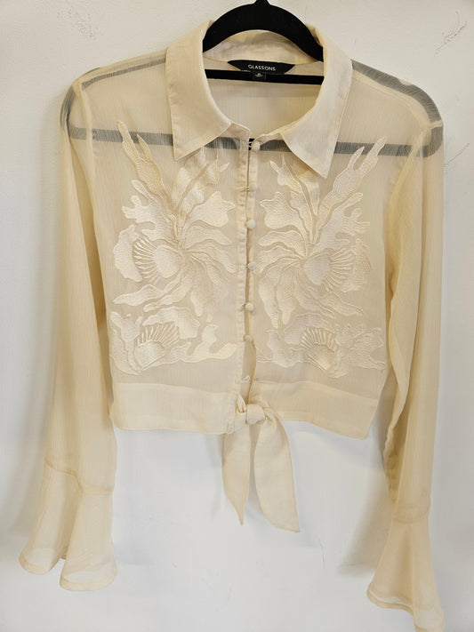 GLASSONS SHEER EMBROIDERED LONG SLEEVE TOP CREAM SIZE 6
