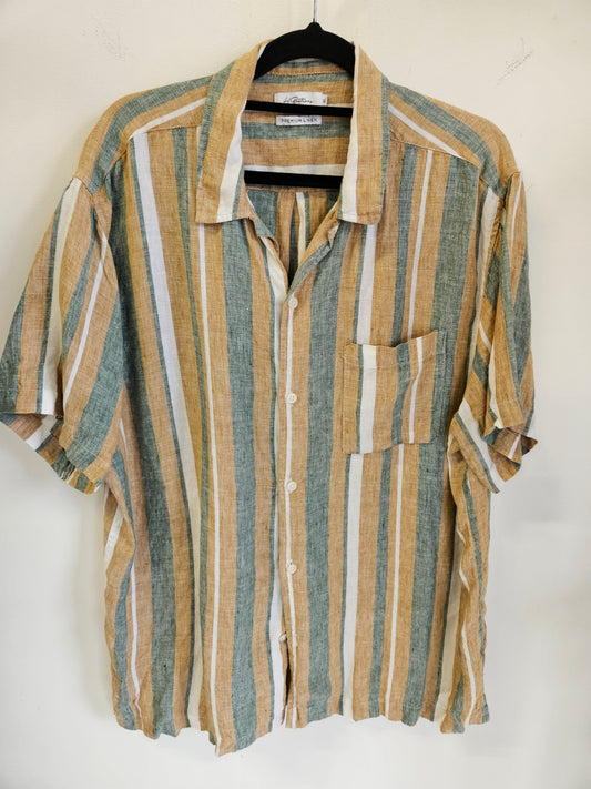 HALLENSTEINS LINEN SHIRT BROWN AND GREEN STRIPE SIZE XL