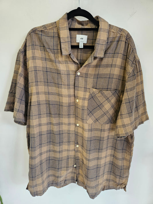 H& COTTON LINEN SHIRT BROWN CHECK SIZE L