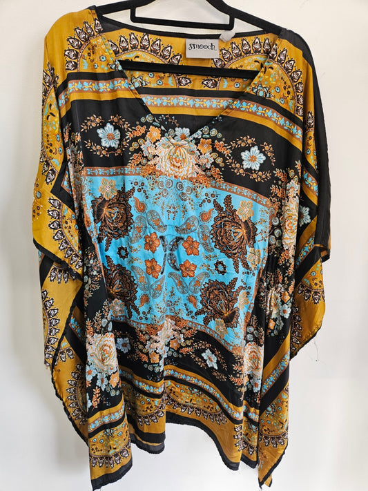 SMOOCH POLYESTER KAFTAN GOLD AQUA FLORAL SIZE 12