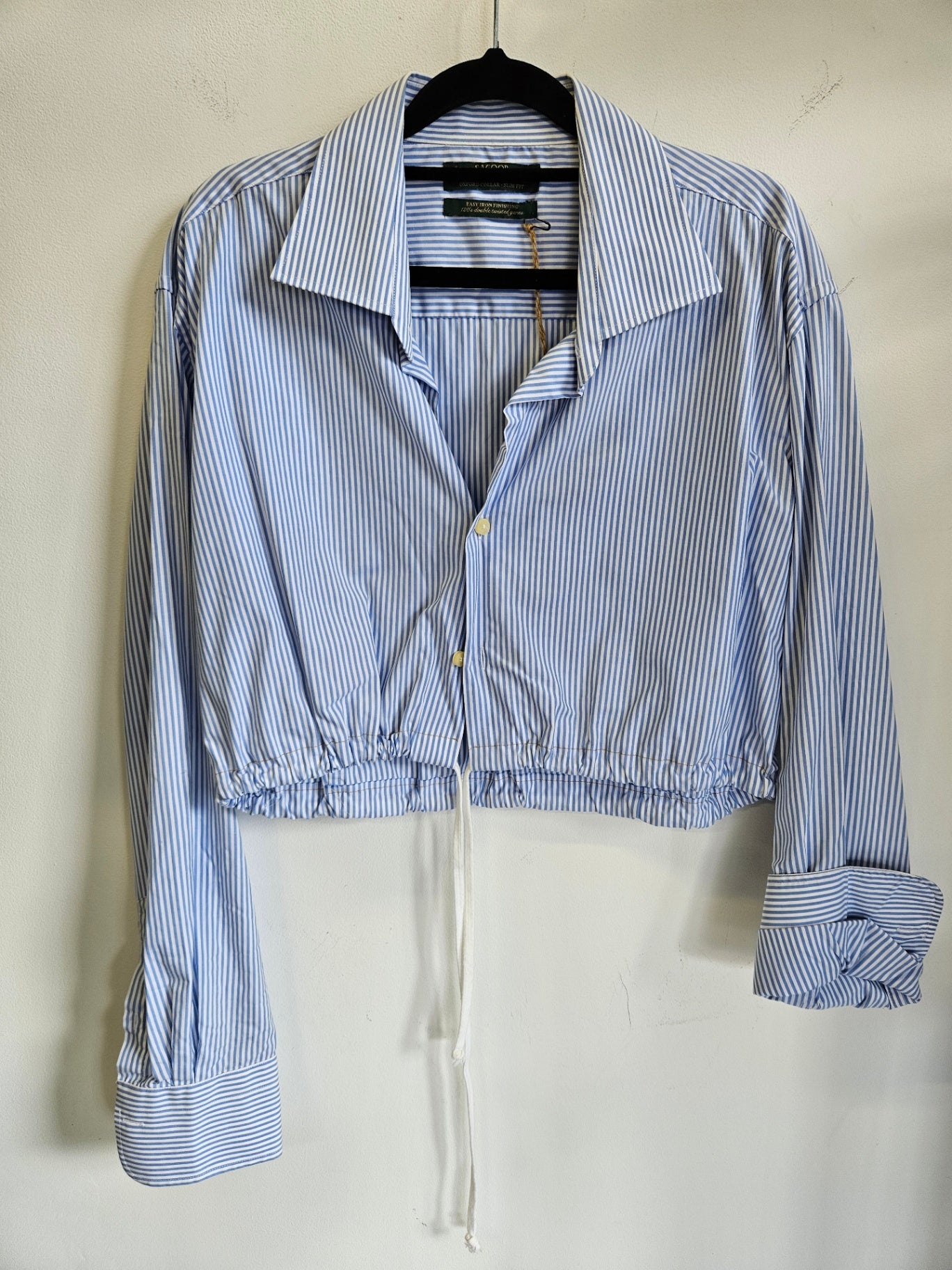 SACCOR BROTHERS UPCYCLED COTTON CROP SHIRT BLUE AND WHITE STRIPE SIZE M