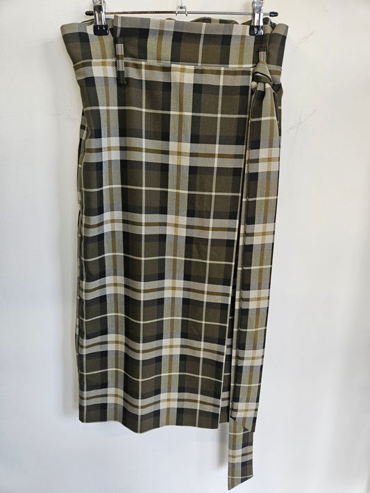 H&M POLYESTER VISCOSE ELASTANE SKIRT KHAKI PLAID SIZE 6-8