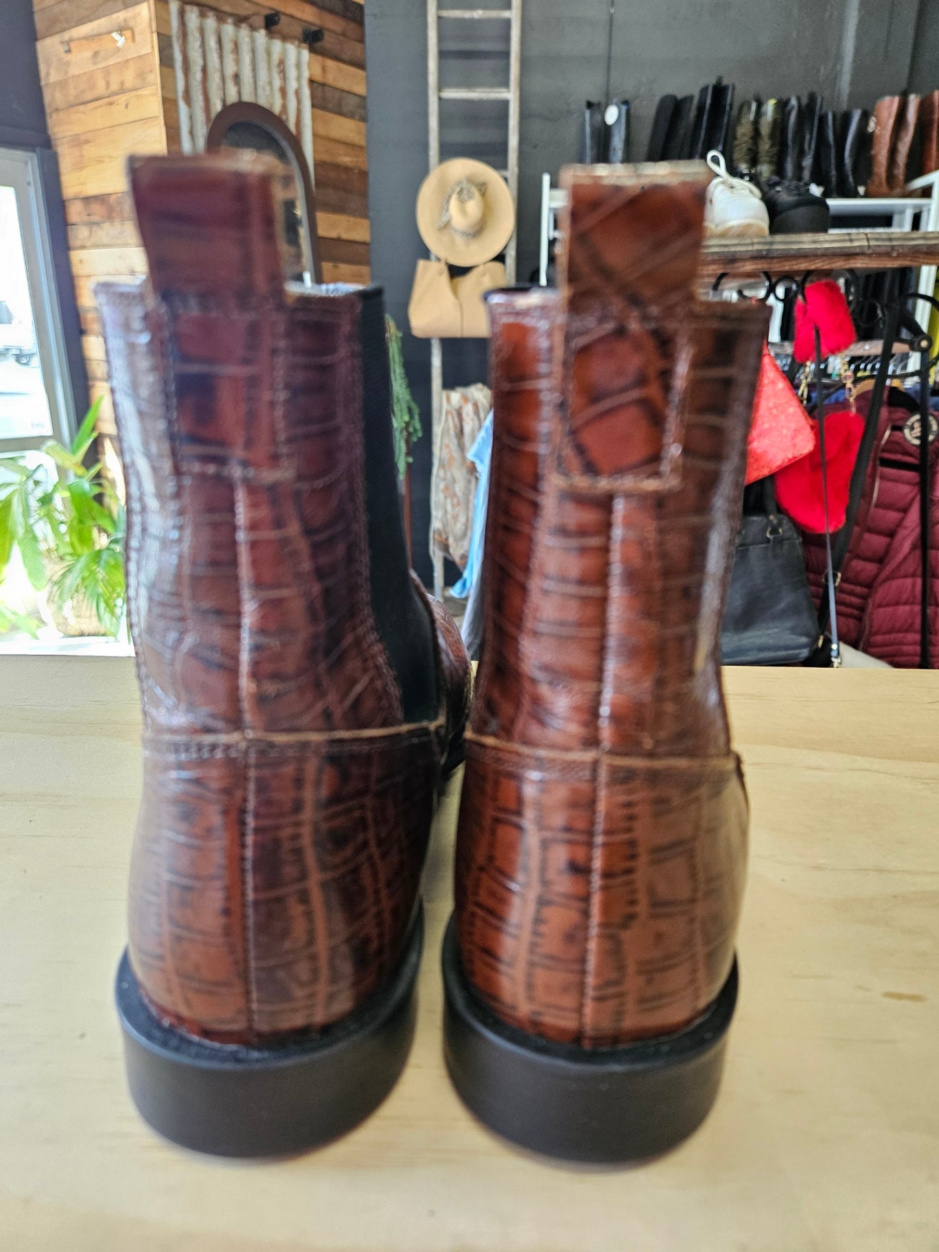 ASOS CROC EMBOSSED LEATHER ANKLE BOOTS BROWN PATENT SIZE 9US