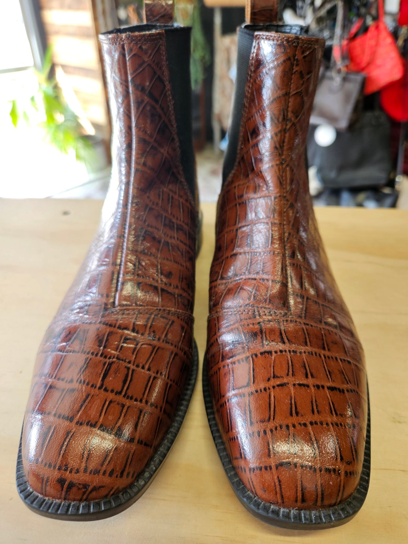 ASOS CROC EMBOSSED LEATHER ANKLE BOOTS BROWN PATENT SIZE 9US