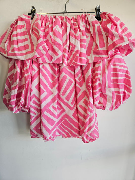 COUNTRY RD COTTON OFF SHOULDER TOP PINK WHITE GEO SIZE 10