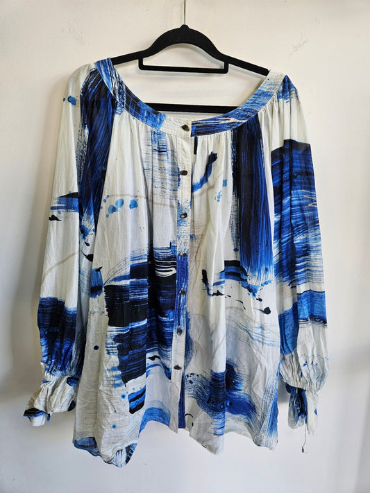 AJE COTTON LONG SLEEVE TOP BLUE WHITE ABSTRACT SIZE O/S