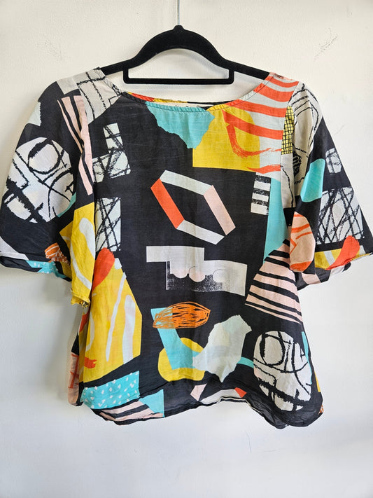 GORMAN X ATELIER BINGO COTTON SILK SHORT SLEEVE TOP BLACK MULTI SIZE 6