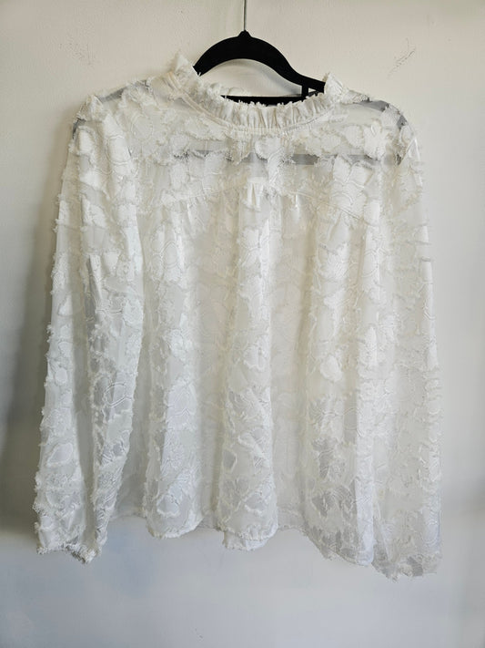 DECJUBA FEATHERED SATIN LONG SLEEVE TOP WHITE SIZE 8