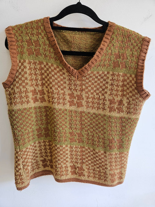 WOOL VINTAGE KNITTED VEST BROWN GREEN CREAM SIZE S