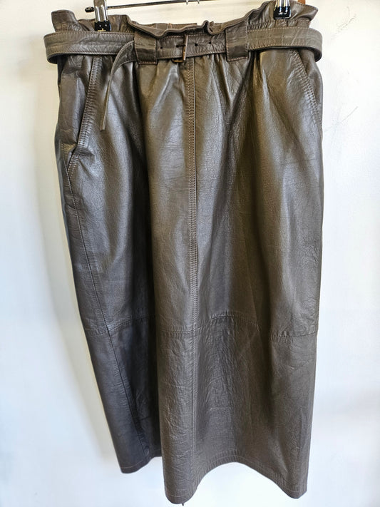VINTAGE LEATHER PENCIL SKIRT BROWN SIZE 12