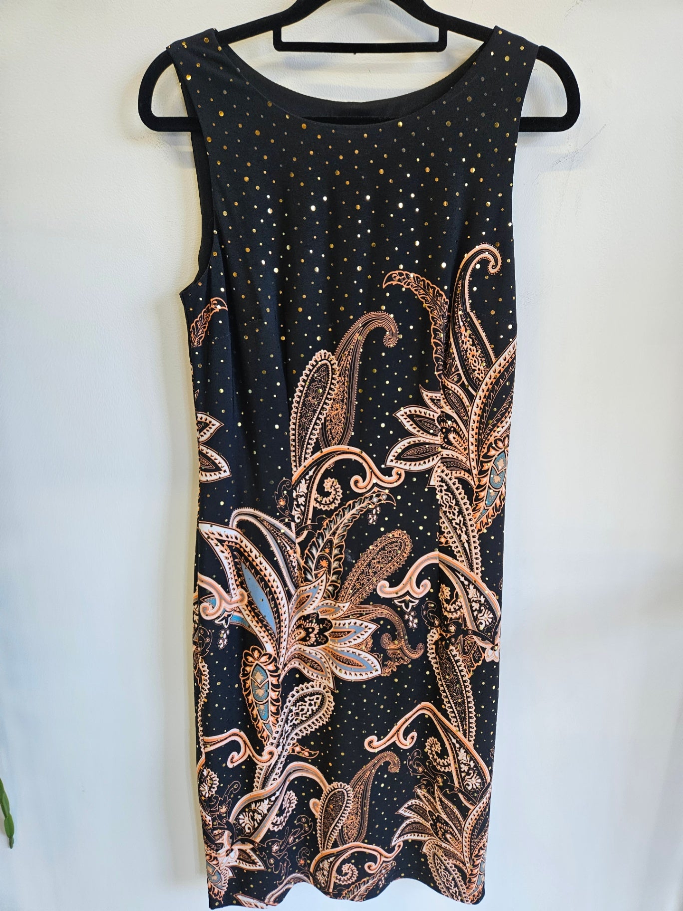 JOSEPH RIBKOFF FORMAL DRESS BLACK ORANGE PAISLY SIZE 8