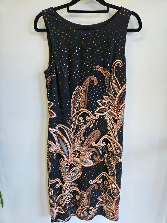 JOSEPH RIBKOFF FORMAL DRESS BLACK ORANGE PAISLY SIZE 8