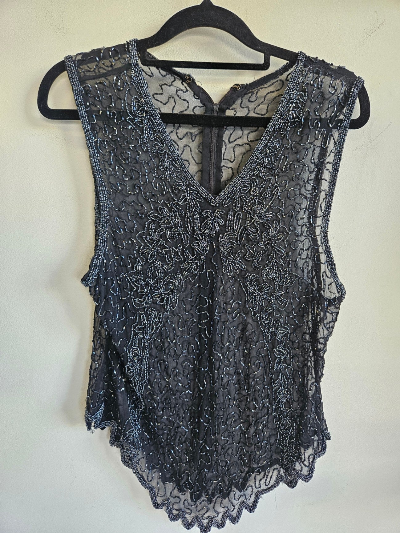 VINTAGE SHEER EMBROIDERED SLEEVELESS TOP BLACK SILVER SIZE M