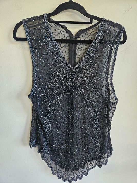 VINTAGE SHEER EMBROIDERED SLEEVELESS TOP BLACK SILVER SIZE M