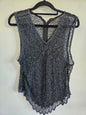 VINTAGE SHEER EMBROIDERED SLEEVELESS TOP BLACK SILVER SIZE M