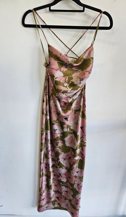 PAGANI SATIN FORMAL DRESS PINK OLIVE FLORAL SIZE 8