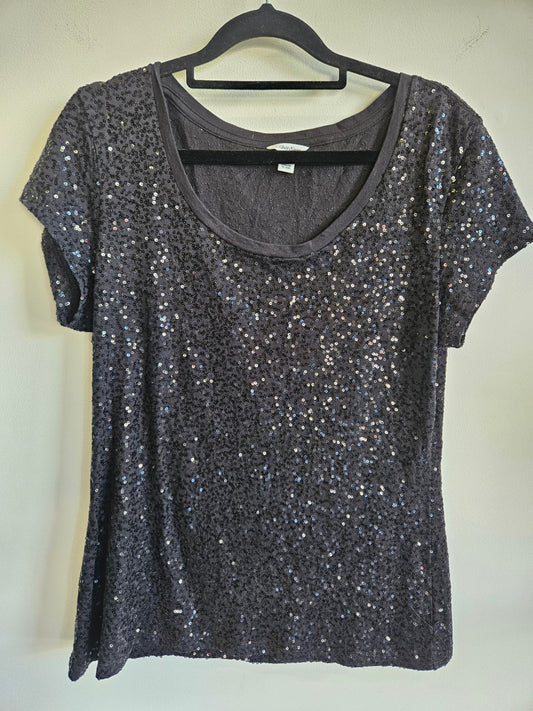 CALVIN KLEIN SEQUINNED SHORT SLEEVE TOP BLACK SIZE M