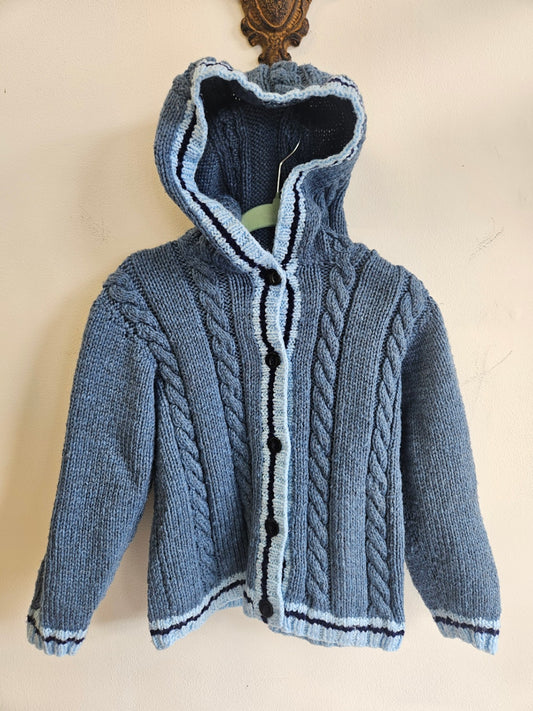 HOMEMADE WOOL HOODED KNIT BLUE BABY BLUE TRIP SIZE 4Y