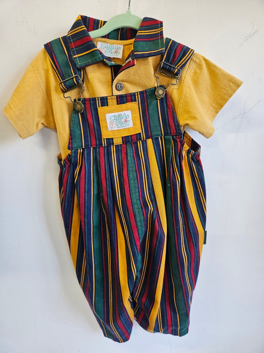 CHILDS PLAY COTTON VINTAGE OVERALL SET MUSTARD MULTI STRIPE SIZE 18M