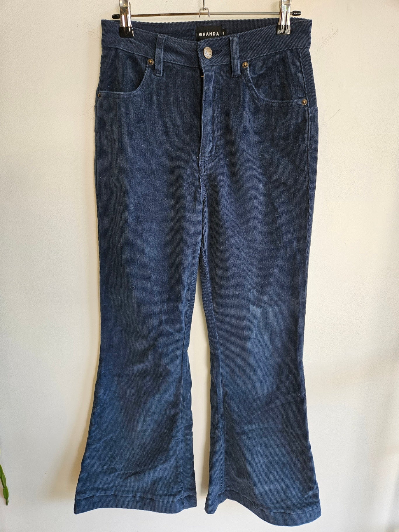 GHANDA CORDUROY FLARED PANTS DARK BLUE RAINBOW SIZE 8