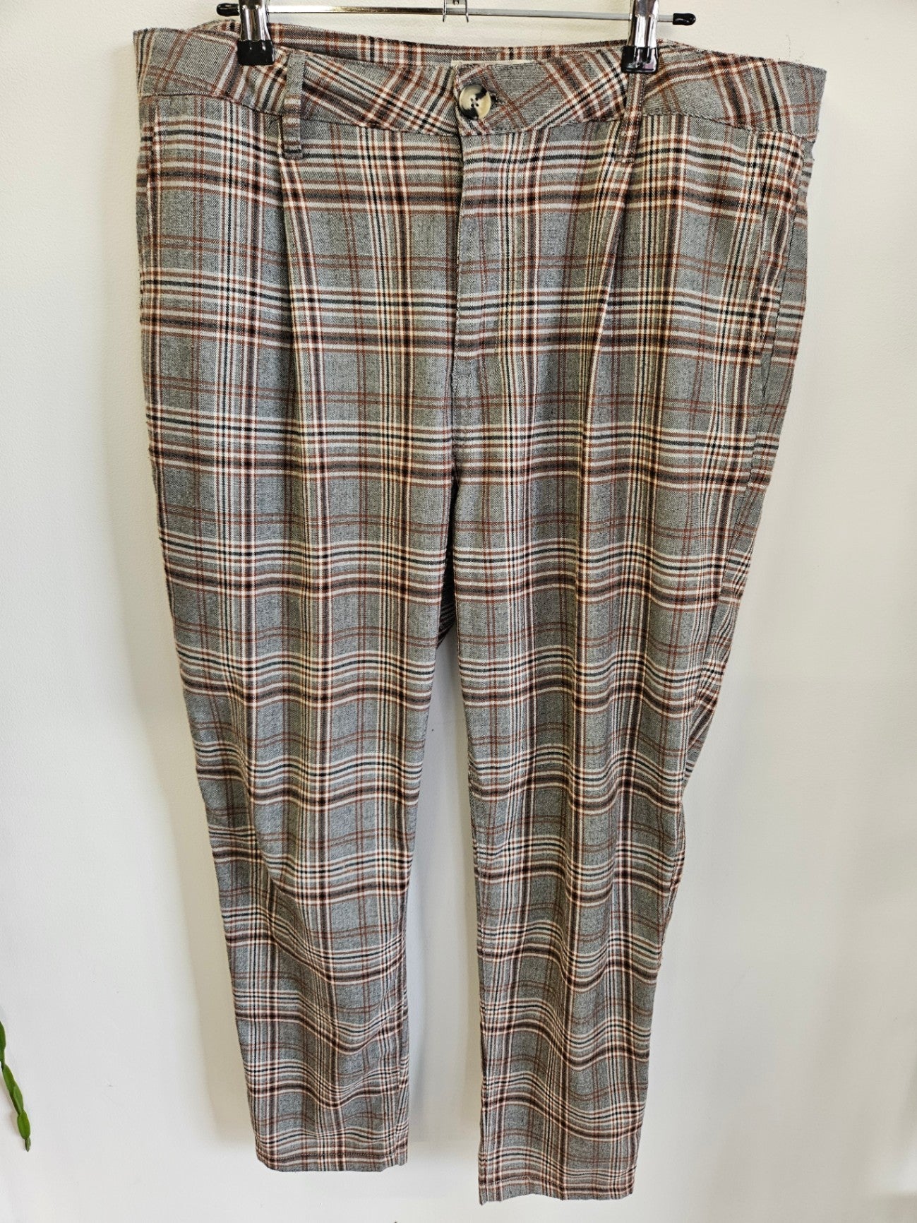 OXFORD TROUSER POLYESTER VISCOSE ELASTANE PANTS GREY RUST PLAID SIZE L