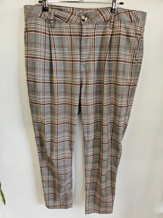 OXFORD TROUSER POLYESTER VISCOSE ELASTANE PANTS GREY RUST PLAID SIZE L