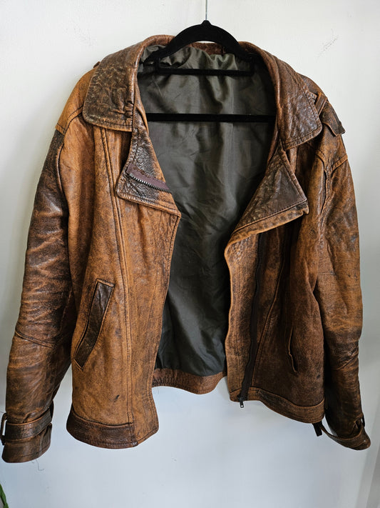 VINTAGE LEATHER Jacket BROWN DISTRESSED SIZE L