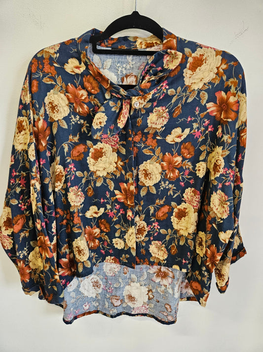 DICKINSONS ROOM COTTON LONG SLEEVE TOP NAVY VINTAGE ROSE SIZE 10