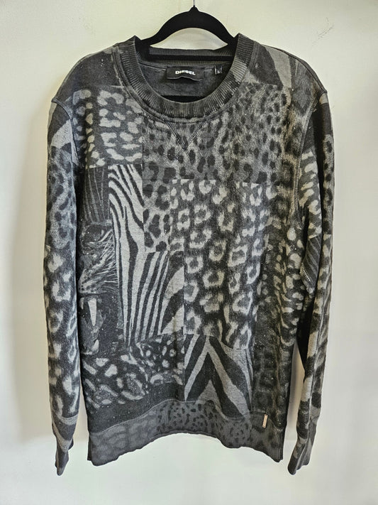 DIESEL QUILTED COTTON BLEND SWEATER GREY LEOPARD SIZE L