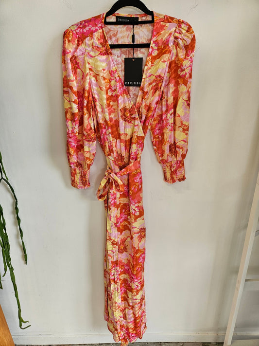 DECJUBA VISCOSE DUSTER BRIGHT PINK ORANGE FLORAL SIZE L