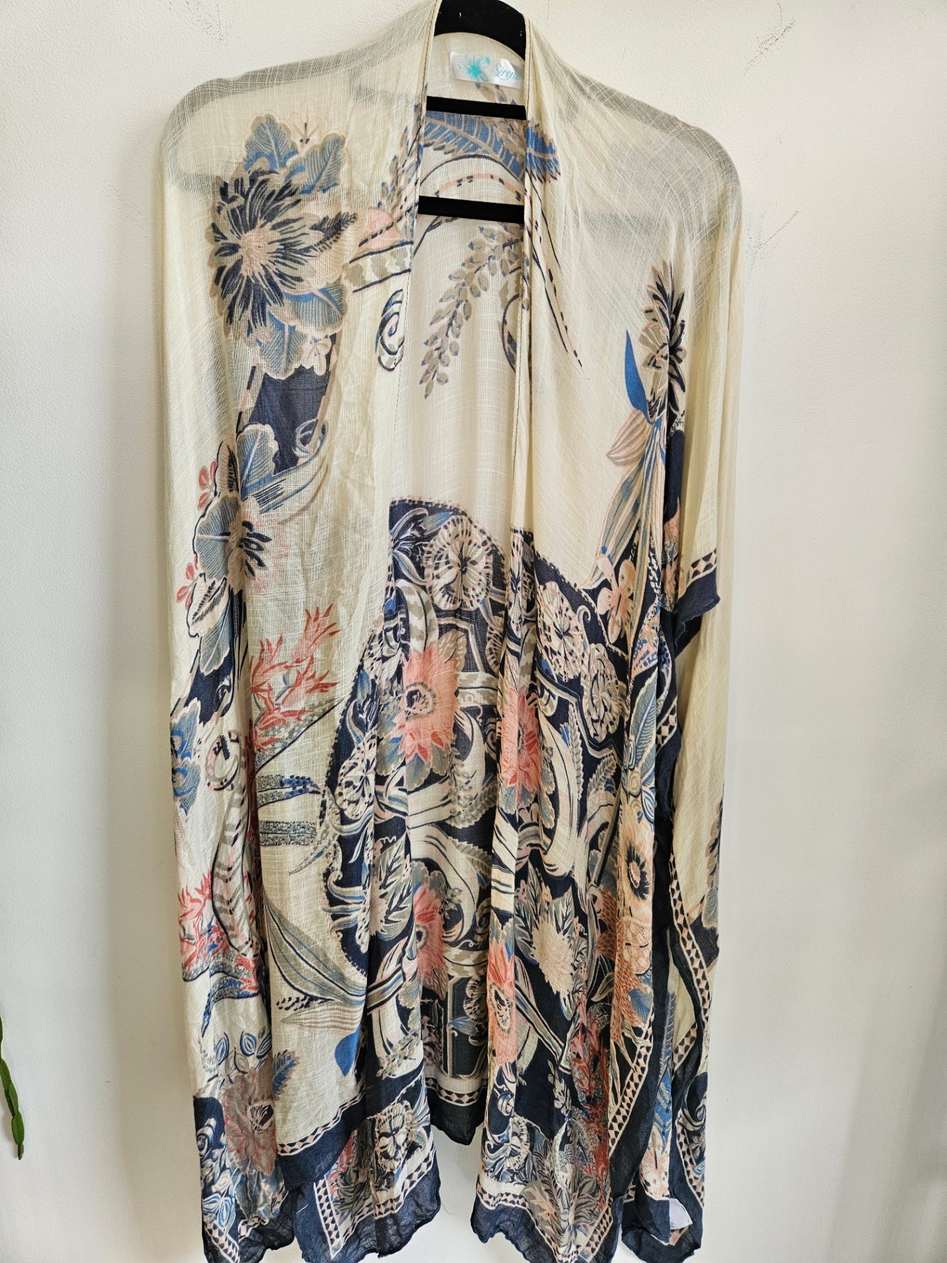 SIRENE VISCOSE COTTON BLEND DUSTER CREAM BLUE FLORAL SIZE OSFM