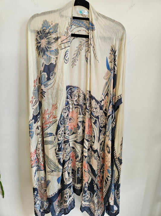 SIRENE VISCOSE COTTON BLEND DUSTER CREAM BLUE FLORAL SIZE OSFM