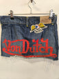 VON DUTCH DENIM MINI SKIRT DARK BLUE PAINTED YELLOW STITCH SIZE S