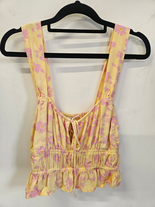 ROXY COTTON SLEEVELESS CROP TOP BUTTER YELLOW PINK FLORAL SIZE M