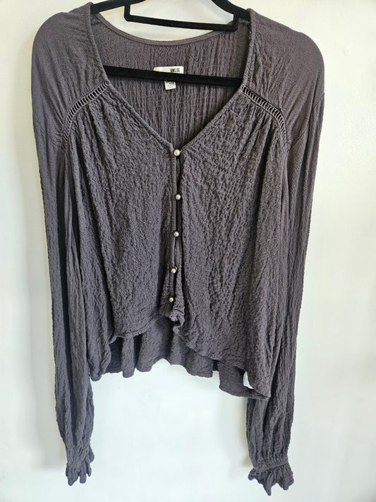 SOCIETY AMUSE CRINKLED COTTON LONG SLEEVE TOP CHARCOAL SIZE S