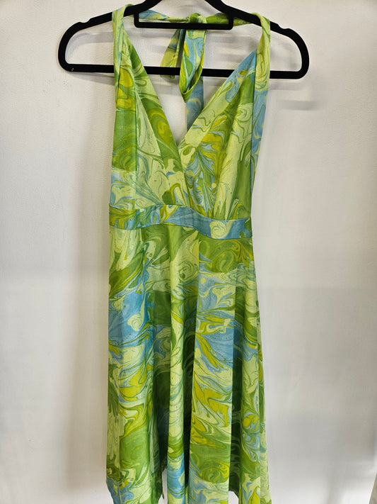 NELBARDEN 70S VINTAGE APRON DRESS GREEN BLUE SWIRL SIZE 12