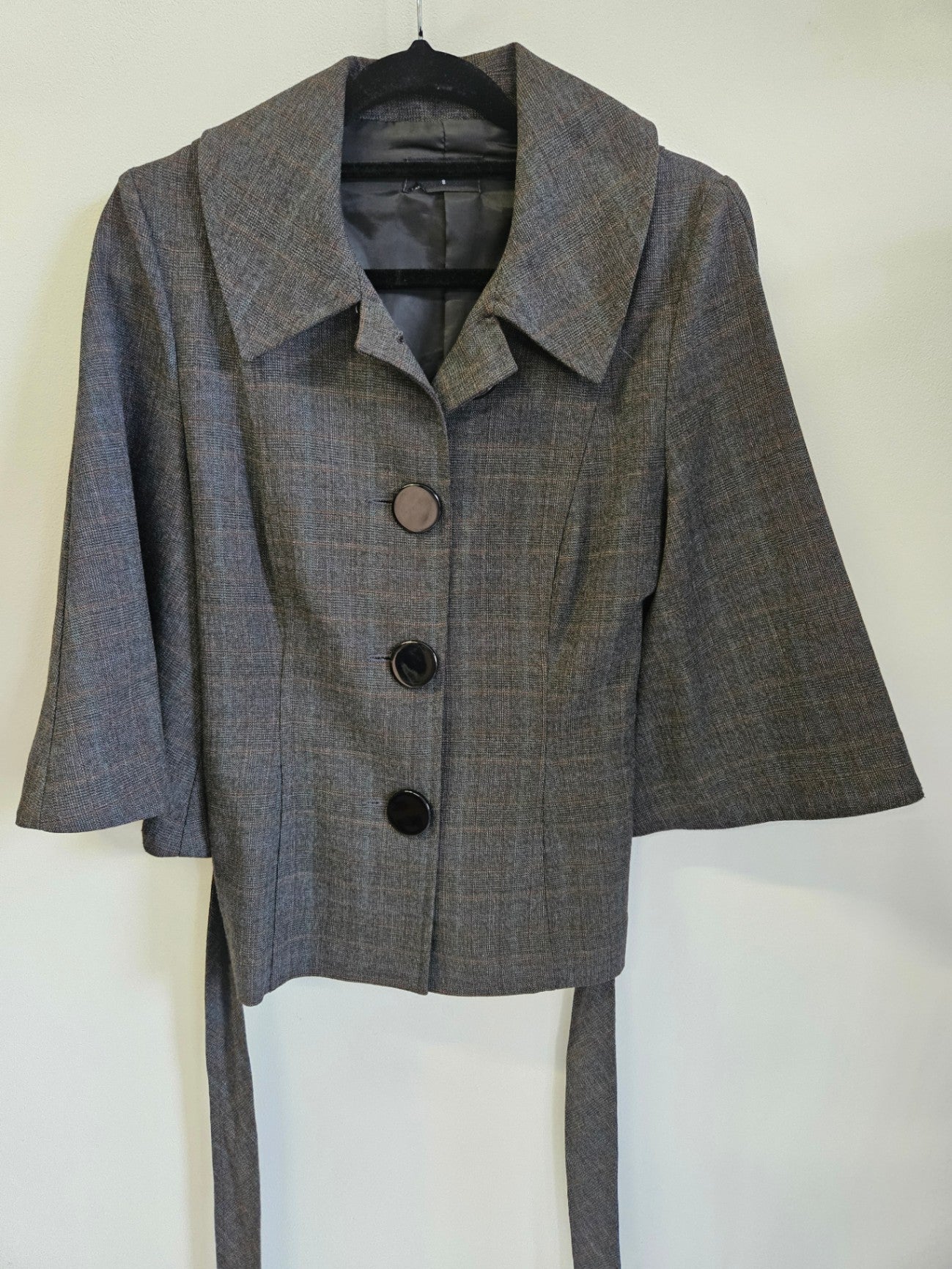 STAX COTTON BLEND 3/4 SLEEVE JACKET GREY PLAID SIZE 8