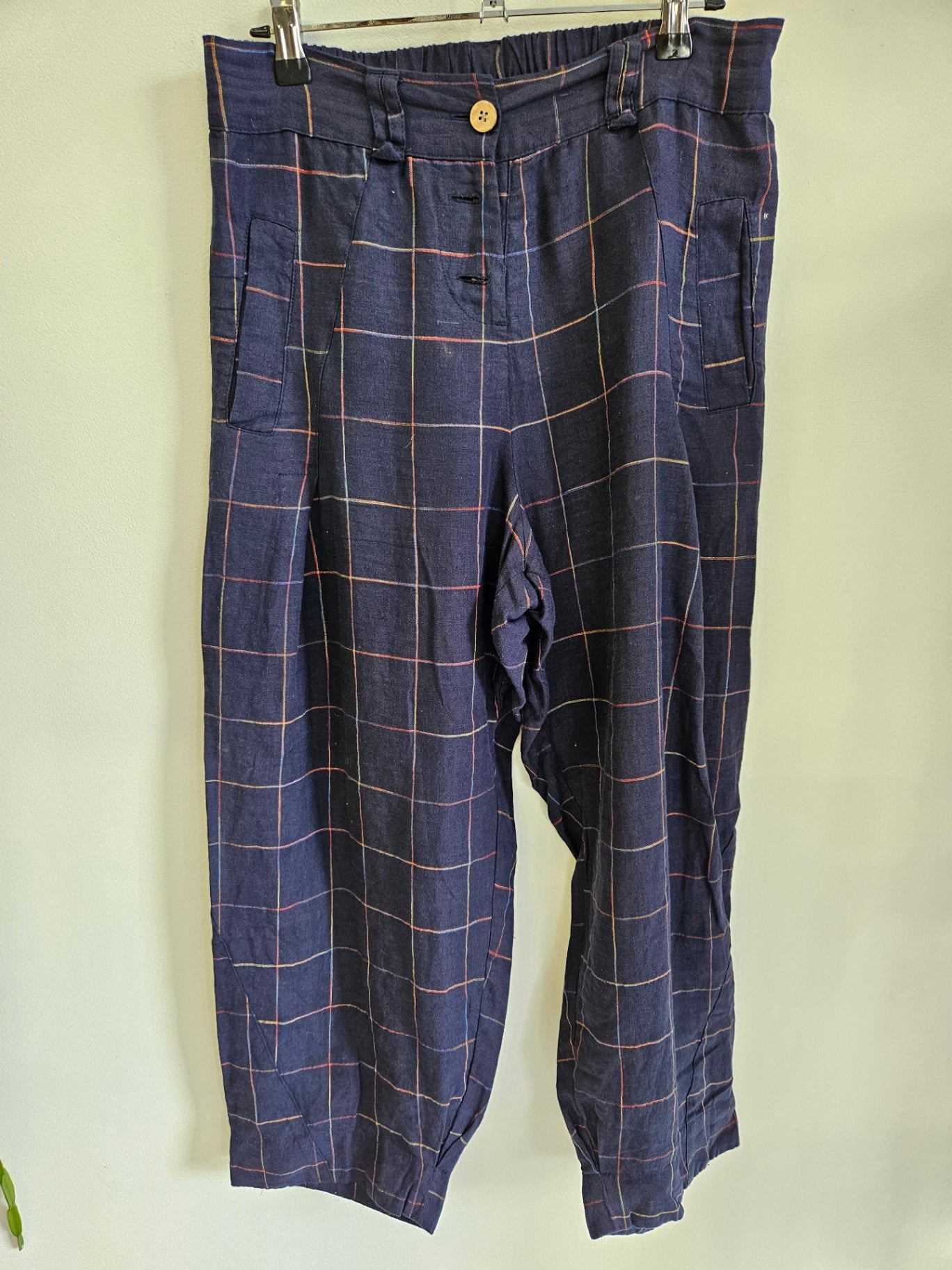 ROGUE LINEN LINEN PANTS NAVY RAINBOW PLAID SIZE 11
