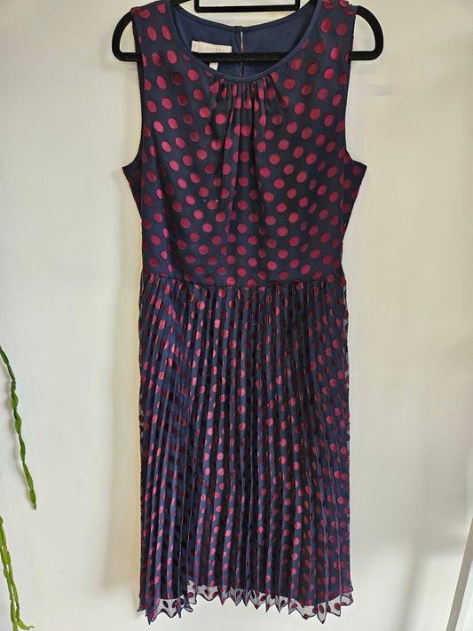 HOBBS PLEATED VISCOSE BLEND MAXI DRESS NAVY BURGUNDY POLKA DOT SIZE 12