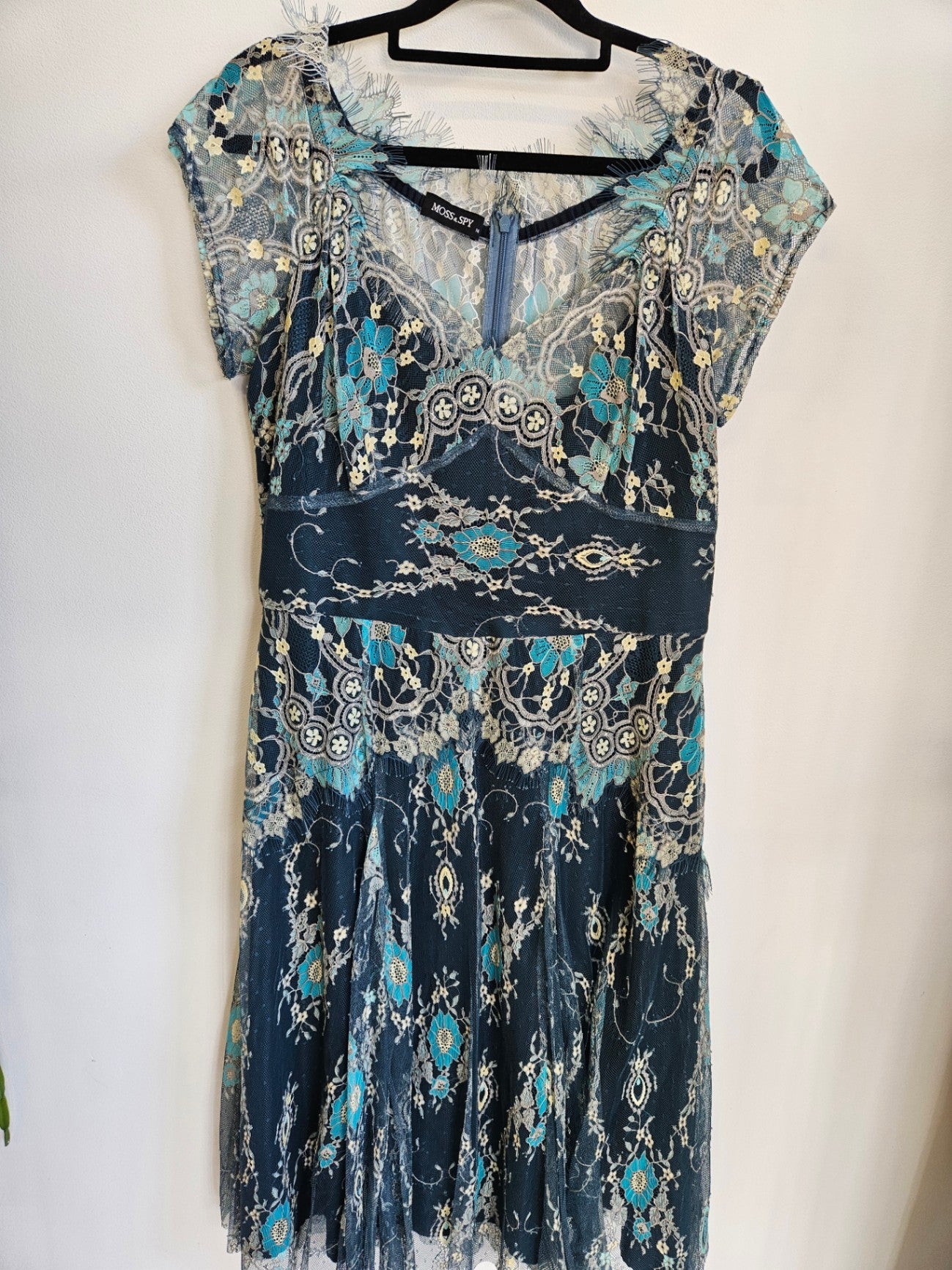 MOSS & SPY LACE DRESS TEAL BLUE CREAM FLORAL SIZE 14