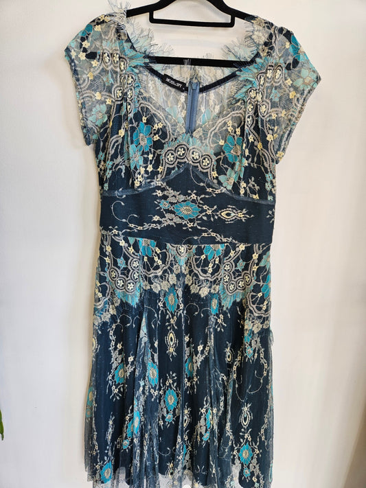 MOSS & SPY LACE DRESS TEAL BLUE CREAM FLORAL SIZE 14